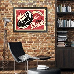 «Бифстейк, ретро плакат» в интерьере кабинета в стиле лофт с кирпичными стенами