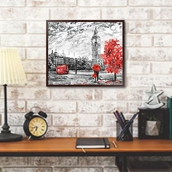 «Лондонский чёрно-белый пейзаж с красными элементами» в интерьере кабинета в стиле лофт над столом