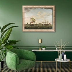 «Британский военный корабль у Дувра» в интерьере гостиной в зеленых тонах