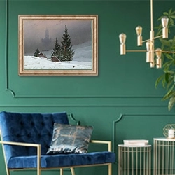 «Зимний пейзаж 18» в интерьере в классическом стиле с зеленой стеной