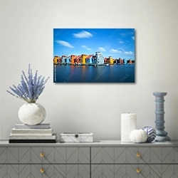 «Голландия. Город Гронинген 2» в интерьере современной гостиной с голубыми деталями