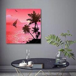 «Парусник в море на розовом закате» в интерьере современной гостиной в серых тонах