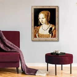 «Young Venetian Woman» в интерьере гостиной в бордовых тонах