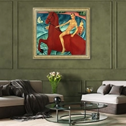 «Купание красного коня» в интерьере гостиной в оливковых тонах