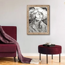«Portrait of an unknown man, 1521» в интерьере гостиной в бордовых тонах