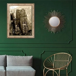 «Metropolis V» в интерьере классической гостиной с зеленой стеной над диваном