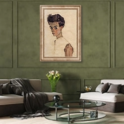 «Автопортрет 49» в интерьере гостиной в оливковых тонах
