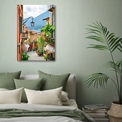 «Италия, на берегу озера Комо» в интерьере современной спальни в зеленых тонах