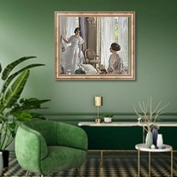 «Швея» в интерьере гостиной в зеленых тонах