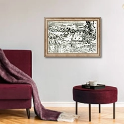 «Landscape with Cannon, 1518» в интерьере гостиной в бордовых тонах