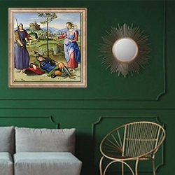 «Видение рыцаря» в интерьере классической гостиной с зеленой стеной над диваном