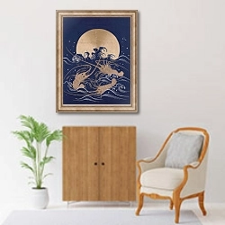 «A Japanese embroidered textile panel of dark blue satin depicting three crayfish among waves before a rising sun» в интерьере в классическом стиле над комодом