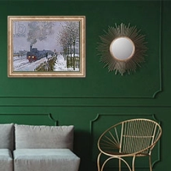 «Train in the Snow or The Locomotive, 1875» в интерьере классической гостиной с зеленой стеной над диваном