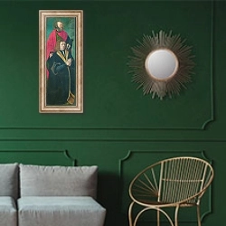 «Святой Петр и даритель» в интерьере классической гостиной с зеленой стеной над диваном