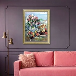 «Flowers, Gurzuf» в интерьере гостиной с розовым диваном