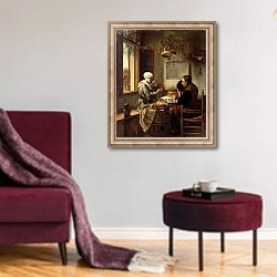 «Grace before Meat, 1660» в интерьере гостиной в бордовых тонах
