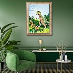 «Tyrannosaurus Rex confronting men» в интерьере гостиной в зеленых тонах