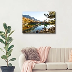 «Швейцария. Озеро Saoseo осенью №2» в интерьере современной светлой гостиной над диваном