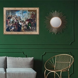 «Похищение сабинянок 2» в интерьере классической гостиной с зеленой стеной над диваном