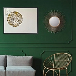 «Hidden wisdom, 2017» в интерьере классической гостиной с зеленой стеной над диваном