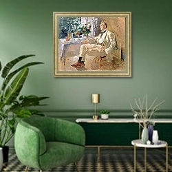 «Portrait of the Opera Singer Feodor Ivanovich Chaliapin 1911» в интерьере гостиной в зеленых тонах
