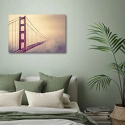 «США, Сан-Франциско. Золотые Ворота в тумане» в интерьере современной спальни в зеленых тонах