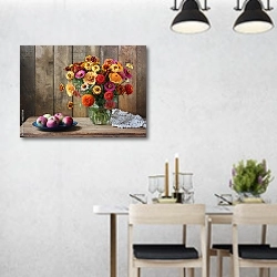 «Still life with a bouquet and apples.» в интерьере современной столовой над обеденным столом