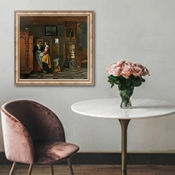 «Interior with Women beside a Linen Cupboard, 1663» в интерьере в классическом стиле над креслом