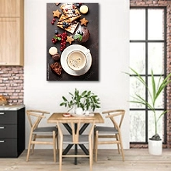 «Кофе, конфеты и вафли с ягодами» в интерьере кухни с кирпичными стенами над столом