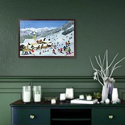 «Ski Whizzz!, 1991» в интерьере прихожей в зеленых тонах над комодом