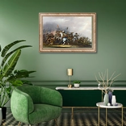 «Кавалерия, атакованная пехотой» в интерьере гостиной в зеленых тонах