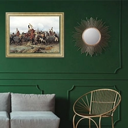 «Подвиг конного полка в сражении при Аустерлице в 1805 году. 1884» в интерьере классической гостиной с зеленой стеной над диваном