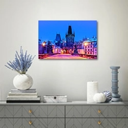 «Чехия. Прага. Карлов мост» в интерьере современной гостиной с голубыми деталями