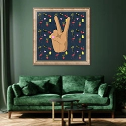 «Peace and Love» в интерьере зеленой гостиной над диваном