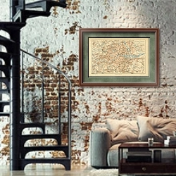 «Карта окрестностей Лондона, конец 19 в. 1» в интерьере двухярусной гостиной в стиле лофт с кирпичной стеной