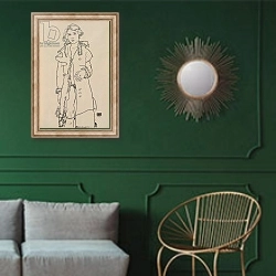 «Nude with Fur Trimmed Coat; Madchenakt mit pelzbesetztem Mantel, 1917» в интерьере классической гостиной с зеленой стеной над диваном