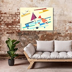 «Абстрактный геометрический морской пейзаж» в интерьере гостиной в стиле лофт над диваном