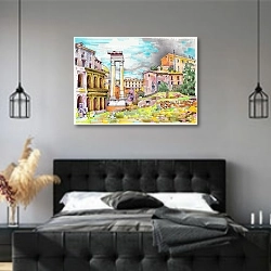 «Италия, Рим, красочный городской пейзаж» в интерьере современной спальни с черной кроватью