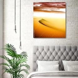«Песчаная дюна под оранжевыми облаками» в интерьере спальни в скандинавском стиле над кроватью