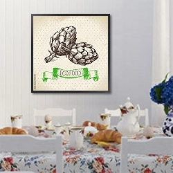 «Иллюстрация с шишками хмеля» в интерьере кухни в стиле прованс над столом с завтраком