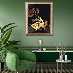«Young Woman Playing a Mandolin» в интерьере гостиной в зеленых тонах
