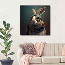 «Кролик в шарфе и очках» в интерьере современной светлой гостиной над диваном