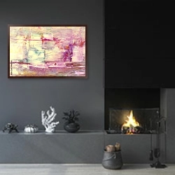 «Розовая абстракция» в интерьере гостиной в стиле минимализм с камином