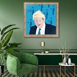 «Boris Johnson and the zip wire» в интерьере гостиной в зеленых тонах