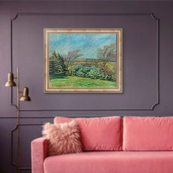 «Blick vom Franzensberg» в интерьере гостиной с розовым диваном