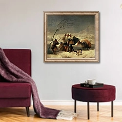 «The Snowstorm, 1786-87» в интерьере гостиной в бордовых тонах