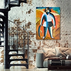 «Косарь» в интерьере двухярусной гостиной в стиле лофт с кирпичной стеной