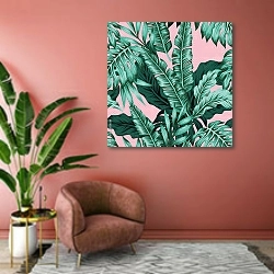 «Зеленые тропические листья на розовом  фоне» в интерьере современной гостиной в розовых тонах