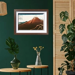 «Fuji above the Lightning', from the series '36 Views of Mt. Fuji'» в интерьере в этническом стиле с зеленой стеной