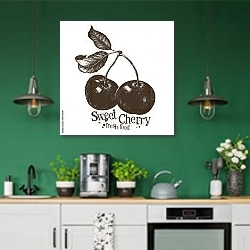 «Иллюстрация со сладкой вишней» в интерьере кухни с зелеными стенами